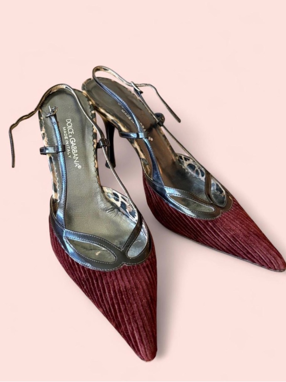 Dolce & Gabbana Burgundy Corduroy and Black Pointed Slingback Heels